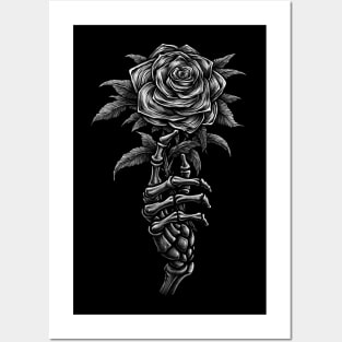 Vintage skeleton hand holding rose Posters and Art